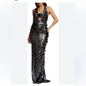 Dress the population Priscilla gunmetal sequin halter gown cocktail party L NWT